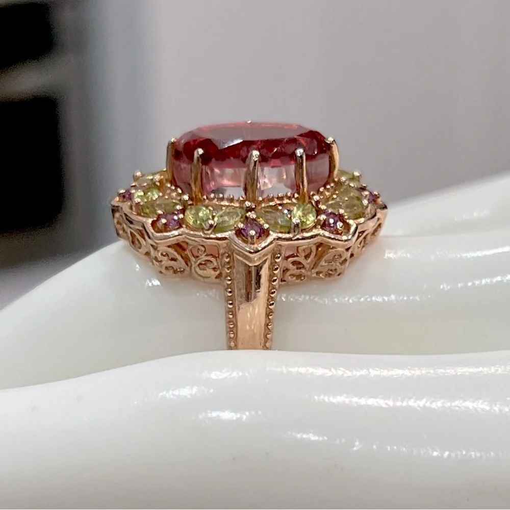 Salmon Quartz Multigemstone 14K RG Sterling Silver Cocktail Statement Ri… - Picture 7 of 10